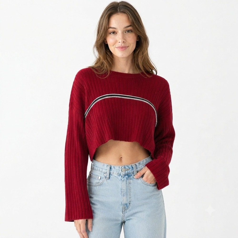 Seek The Label Red Rib Knit Flare Sleeve Zipper Detail Crop Sweater XS